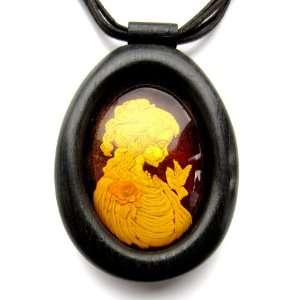 Genuine Baltic Amber and Wood Beautiful Lady Cameo Necklace Length 22