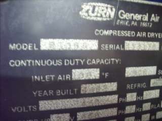 ZURN Compressed Air Dryer 500 SCFM Model# R100A  
