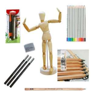 Set, 3h 9b Pencil Set, 4.5 Wooden Drawing Manikin, Watercolour Pencil 