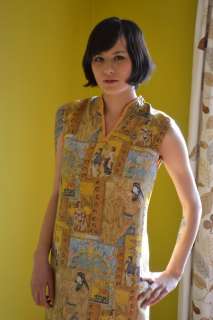 50s 60s vintage ASIAN PRINT novelty sleeveless Dress L  