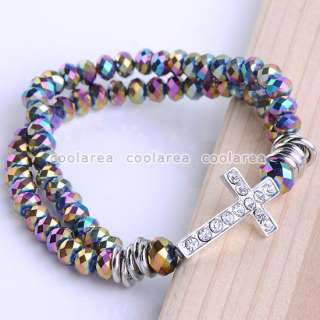 12/Colors 2Rows Crystal Glass Beads Woven Cross Stretchy Bracelet 