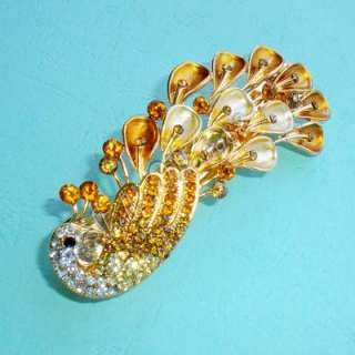 Elegant White and Golden Lady Crystal Peacock Hair Barrette Clip