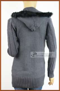 New Fashion Big Zipper Twist Pattern Knit Hoodie Sweater Faux Fur Top 