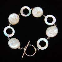 16mm Freshwater Cultured Coin Pearl Toggle Bracelet 7.5  
