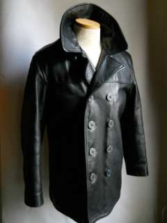 Schott NYC #140  740N Black Leather Pea Jacket Coat 10 Button Military 