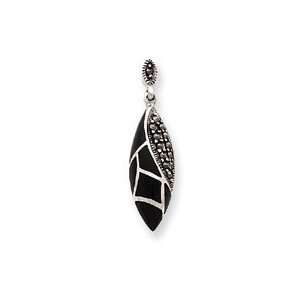  Sterling Silver Marcasite and Onyx Dangle Post Earrings Jewelry