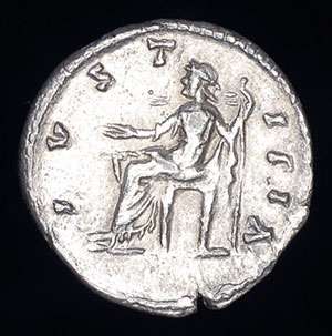 An ancient Roman silver denarius coin of Septimus Severus, dating to 