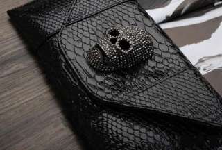 Black Skull Crocodile Grain Punk Evening Bag Clutch 12  