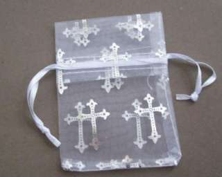 White Organza Drawstring Rosary POUCHES ~Silver Cross  