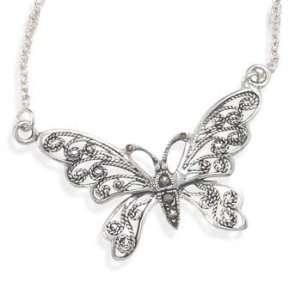    Sterling Silver 16 Oxidized Marcasite Butterfly Necklace Jewelry