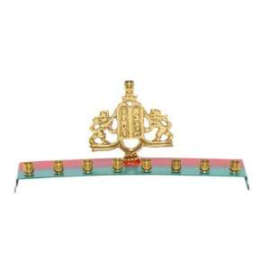, Aqua and Red Strped Colors With Brass Lions Facing 10 Commandments 