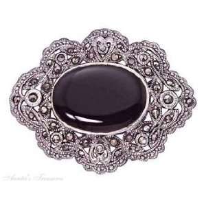  Sterling Silver Black Onyx Marcasite Brooch Pin Jewelry