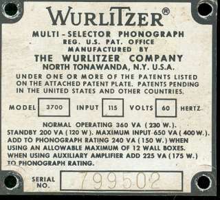 Wurlitzer 3700 # 799502 serial number identification plate or tag 