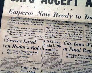 Day WWII Over PEACE Great JAPAN SURRENDERS 1945 Newspaper  