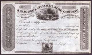 Syracuse & Utica Rail Road Company Stock Certificate. Undated 18 