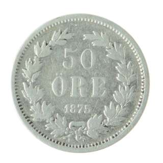 1875   Sweden   50 Ore Cents   Silver   Coin   SKU# 3119  