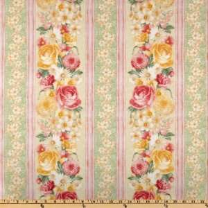   Indulgence Floral Border Stripe Pink/Yellow/Green Fabric By The Yard