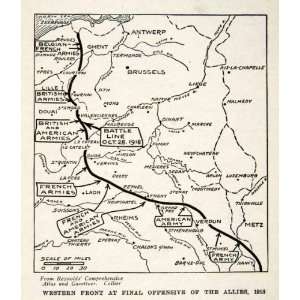  1929 Wood Engraving Map Western Front World War I Battle 