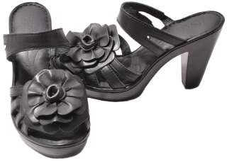 Born W32185 Black Leather Flower Sandals Heels Womens Shoes  