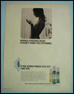 1972 FDS Feminine Deodorant Spray Female Body Print Ad  