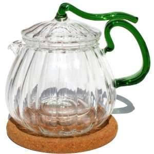  Small Glass Tea Pot w/Green Handle