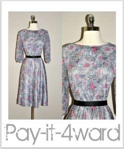 VINTAGE GRAY PINK FLORAL POLYESTER ACCORDIAN BUSINESS DRESS SZ M 