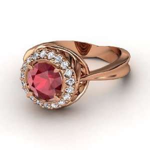 Chrysanthemum Ring, Round Ruby 14K Rose Gold Ring with Diamond