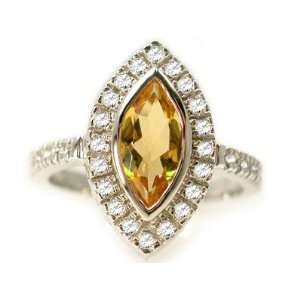  18K White Gold Marquise Shape Citrine Color Stone Ring 