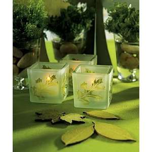 Deep Sandblasted Glass Leaf Cube Tea Light Holders   Frost and Green