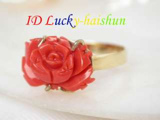 GENUINE NATURE CARVED RED CORAL RING 14K GOLD  