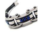 Mens Blue Black Silver Stainless Steel Rubber Bracelet  