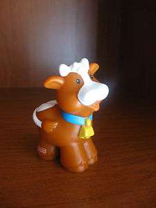 FISHER PRICE LITTLE PEOPLE COW BROWN BELL WHITE TAIL FACE HORNS FARM 