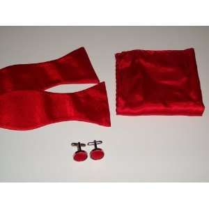  Bow tie cufflink & pocket square matching set (solid red 