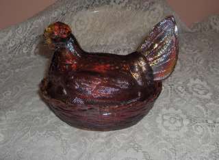 Vintage Small Red Carnival Iridescent Glass Chicken Hen On Nest Dish 