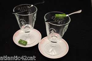 Set 2 Fleur de Lys Absinthe Glasses w/Spoons & Saucers  