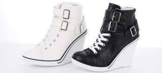 Womens White Buckles Sneakers Wedge Heel Shoes US 5~7.5 / Fashion 