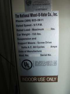 Industrial Indoor Accessibility Lift by National Wheel O Vator 750 LBS 