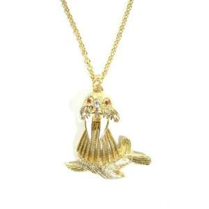 Arctic Walrus Necklace Crystal Seal Gold Tusked Sea Lion Charm Pendant 