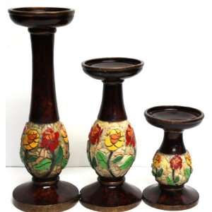 Wholesale 4 Sets of Candle Holders Wooden with Floral Designs, 3ct 