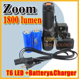 Adjust zoom CREE XM L T6 LED 1800LUMEN Flashlight Torch light+2x26650 