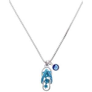 Pearl Blue Open Plumeria Flower Flip Flop Charm Necklace with Sapphire 