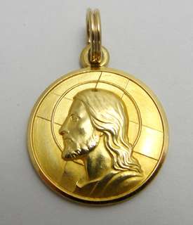 18K Yellow Gold Catholic Medal Christ Head Left Facing Dio Ti Protegga 