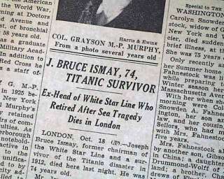 BRUCE ISMAY Sinking of the Titanic Fame DEATH White Star Line 1937 