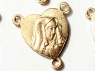 VINTAGE HEART MARY ROSARY JESUS CONNECTOR CENTER MEDAL BEAD GOLD 