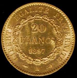  20 Francs Angel Gold Coin About Uncirculated AGW .1867 Net  