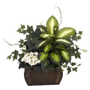 Real Looking African Violet, Dieffenbachia & Ivy w/Chest Silk Plant 