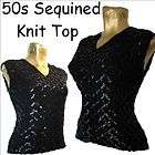 Vintage 50s Black SEQUINED Crochet Knit Top M L vlv  