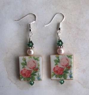 Pink Vintage Rose~Altered Art Flower Charm Earrings  