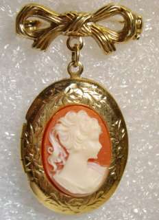 Vintage Gold tone Faux Figural Cameo Locket Pin Brooch  