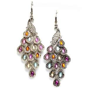   Earrings Jewel Tone Facet Crystal Accents Antique Silver Tone Jewelry